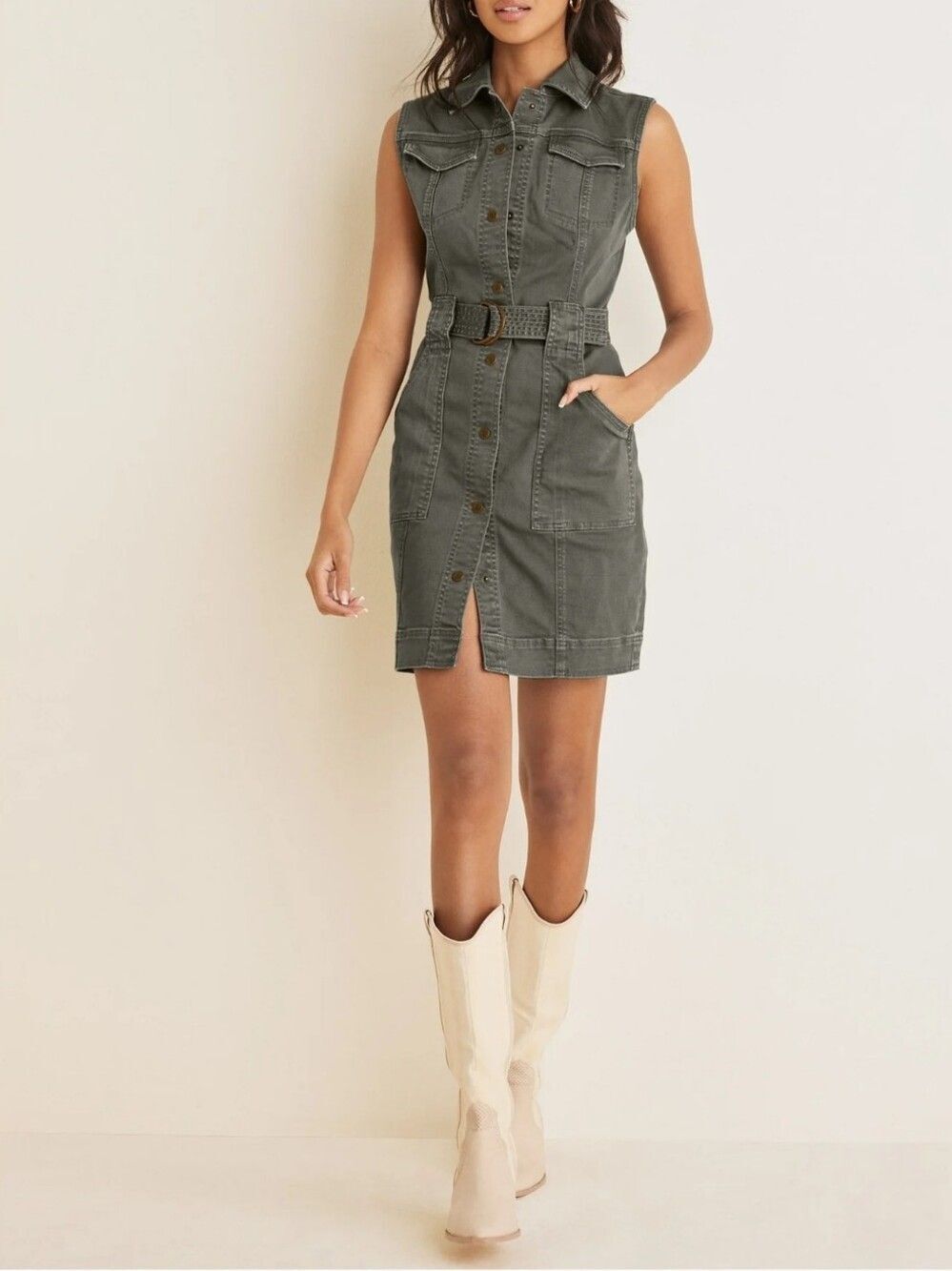 VENUS Olive Green Utility Mini Dress Belted Twill Safari Cargo Sleeveless Size 4